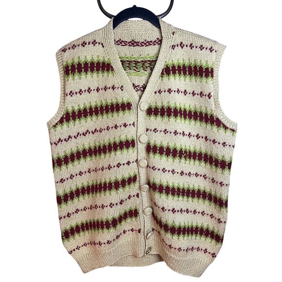 Vtg Hand Knitted Vest, Tan, Rust, Green Unisex Med/Lrg Buttons Retro Grannycore - Picture 1 of 7